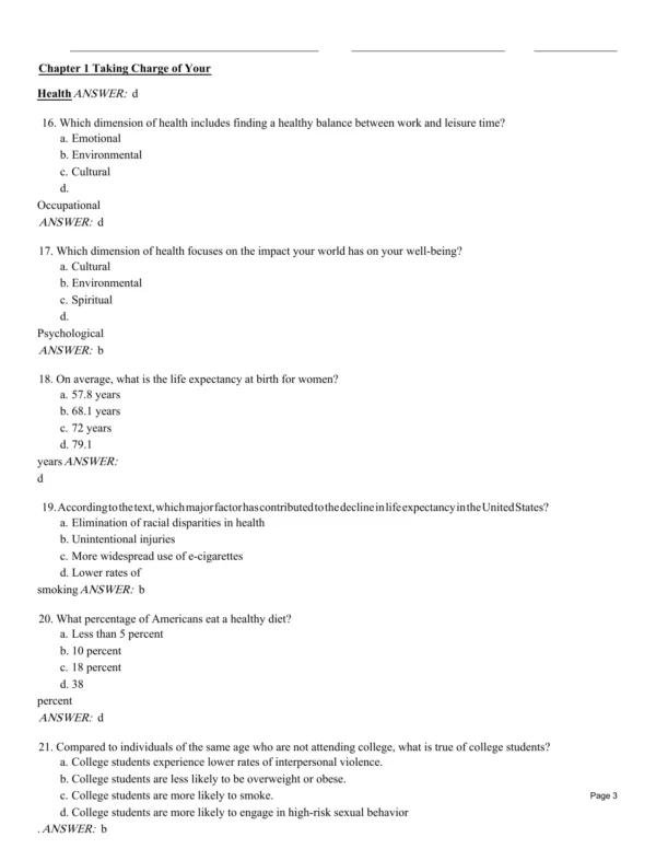 Test Bank for an Invitation to Health