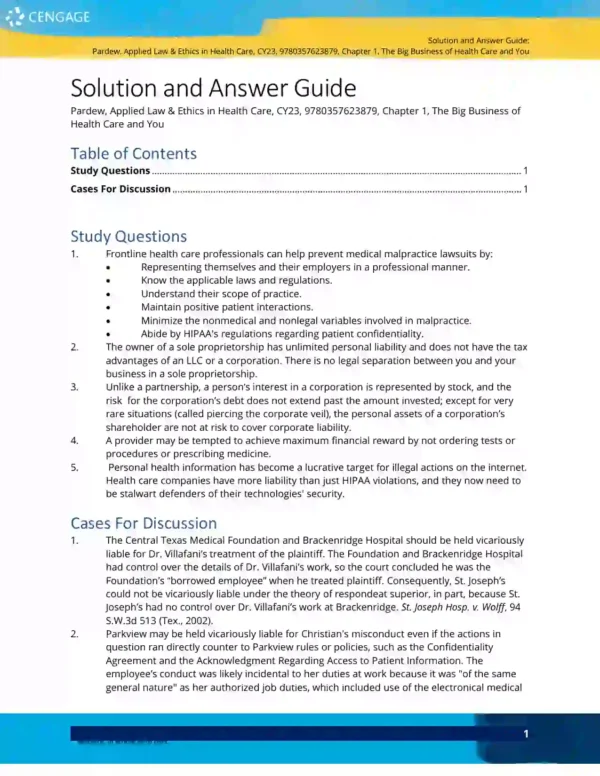 Applied Law and Ethics Health Care SOLUTION MANUAL