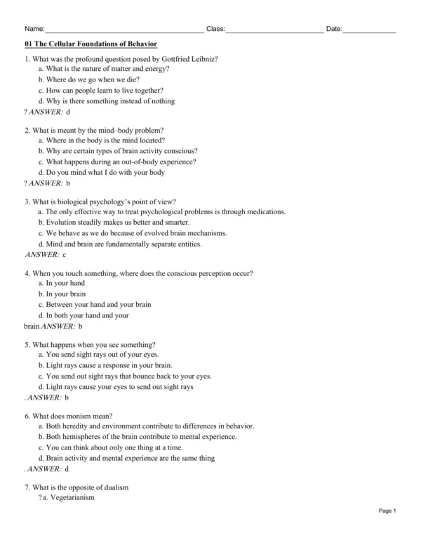 kalat Biological Psychology Test Bank