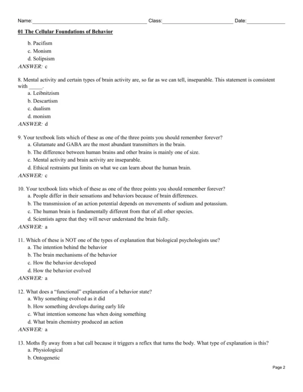 kalat Biological Psychology Test Bank