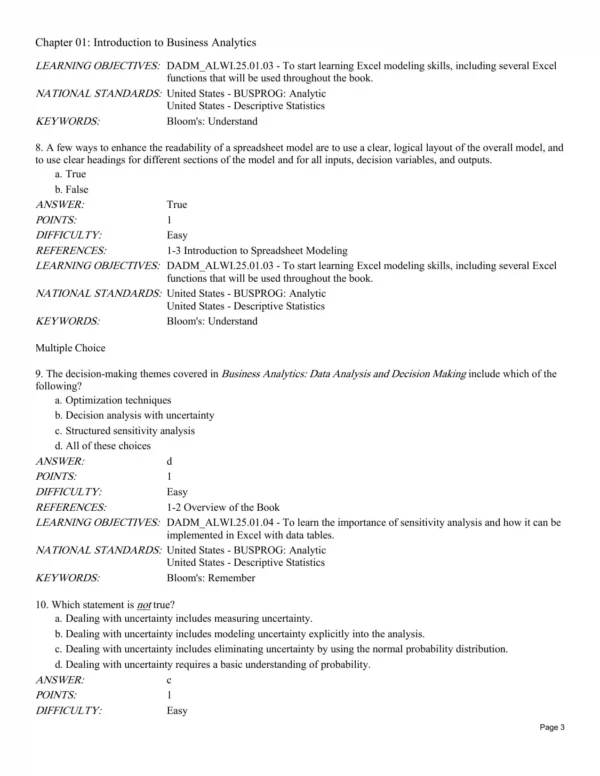 Business Analytics Test Bank