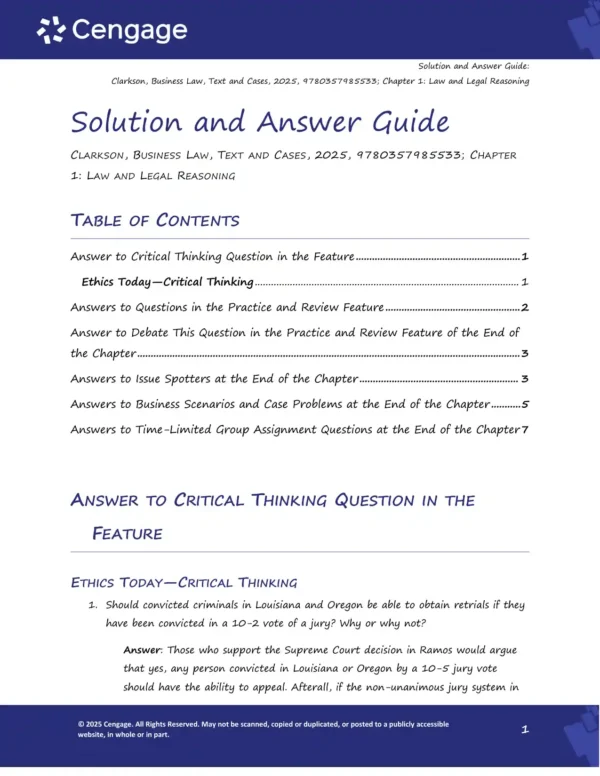 Business Law Text and Cases SOLUTION MANUAL