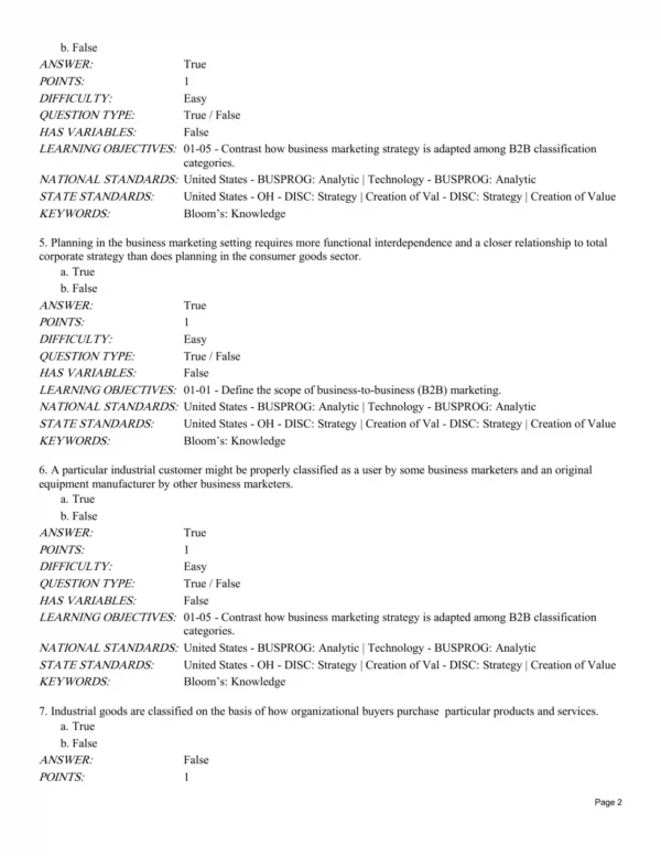 Business Marketing Management B2B Test Bank