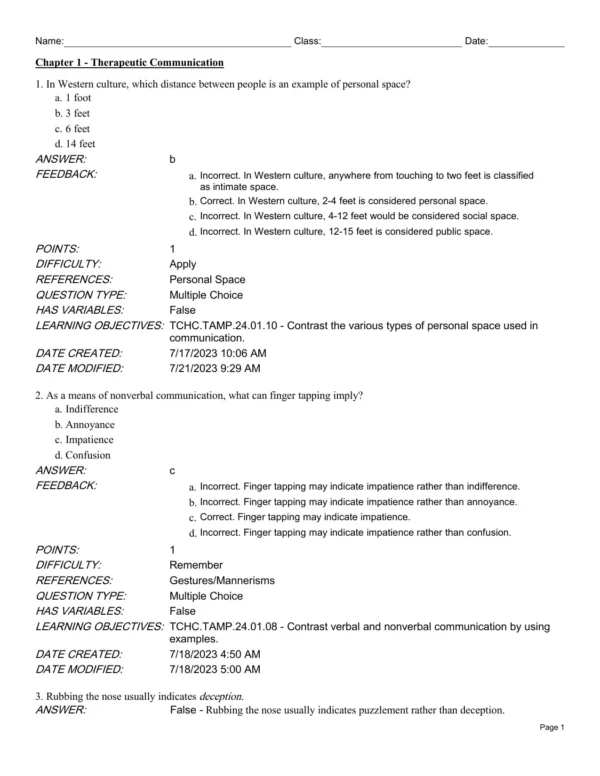 therapeutic communication test bank
