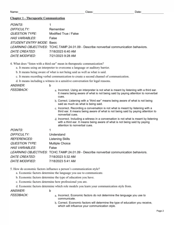 therapeutic communication test bank