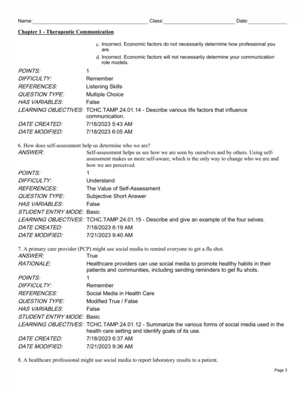 therapeutic communication test bank