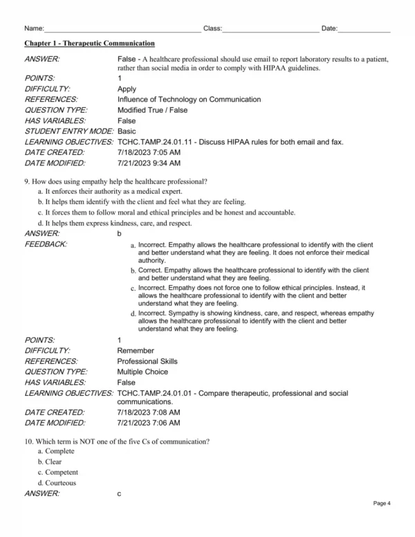 therapeutic communication test bank