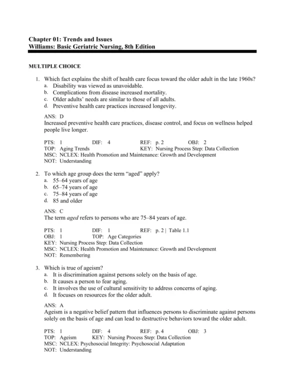 Basic Geriatric Nursing, 8th Edition by Patricia A. Williams Test Bank_Page1.webp-001 Multiple choice geriatric nursing practice questions covering aging, chronic illness, and patient safety concepts