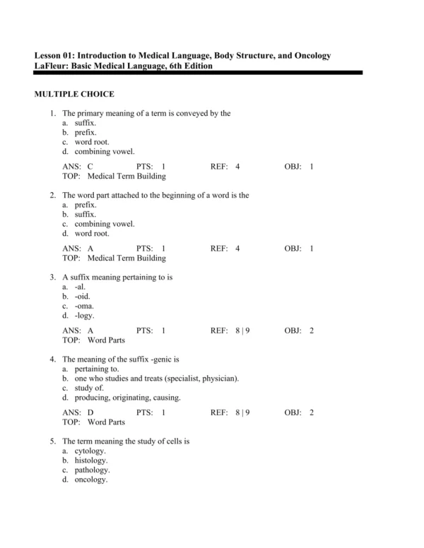 Basic Medical Language, 6th Edition by Myrna LaFleur Brooks Test Bank_Page1.webp-001 Multiple choice medical terminology practice questions for healthcare students with word parts and definitions