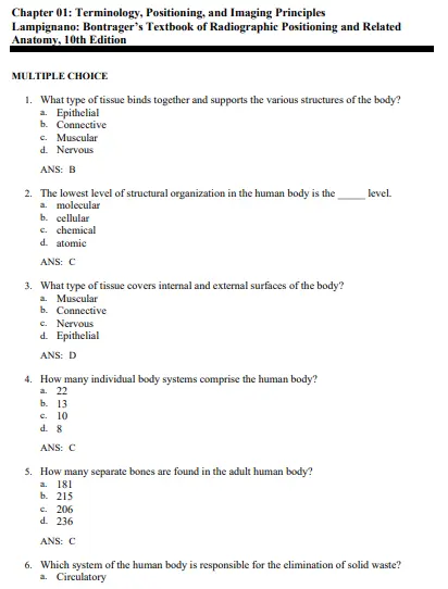Bontrager's Textbook of Radiographic 1 Multiple choice radiography practice questions covering patient positioning and imaging techniques for radiologic students