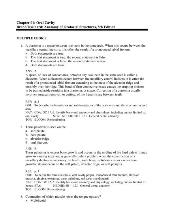 Brand Anatomy of Orofacial Structures, 8th Edition Test Bank_Page1.webp-001 Multiple choice dental anatomy practice questions covering oral and facial structures with labeled diagrams