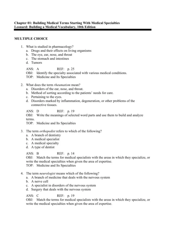 Building a Medical Vocabulary, 10th Edition by Peggy C. Leonard Test Bank_Page1.webp-001 Multiple choice medical terminology practice questions focusing on prefixes, roots, and suffixes