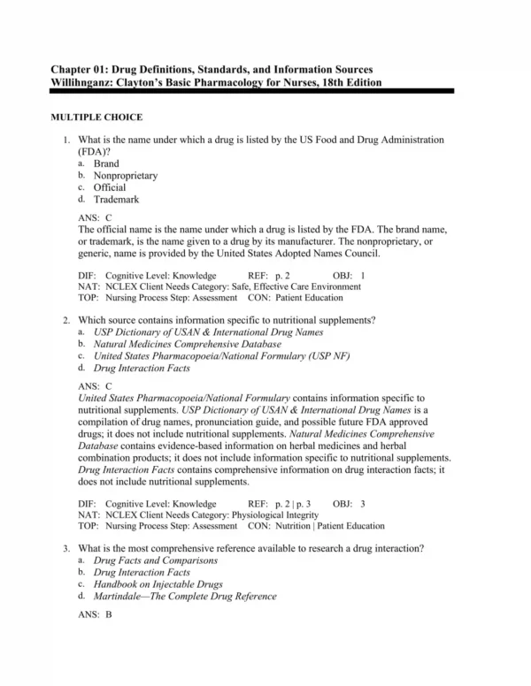 Clayton's Basic Pharmacology for Nurses, 18th Edition by Michelle Willihnganz Test Bank_Page1.webp-001 NCLEX-style multiple choice pharmacology practice questions from Clayton's Basic Pharmacology course materials