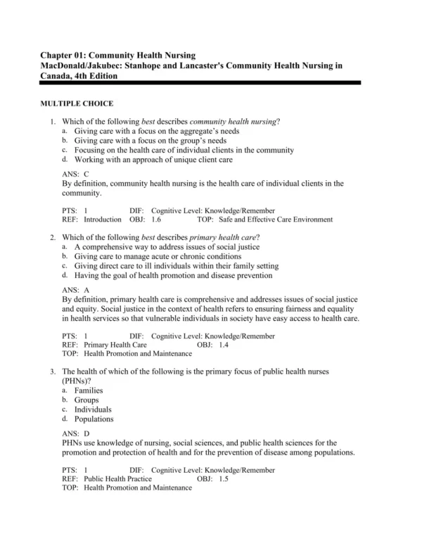 Community Health Nursing in Canada, 4th Edition by Sandra A. MacDonald Test Bank_Page1.webp-001 NCLEX-style multiple choice community health nursing questions covering population-focused care concepts