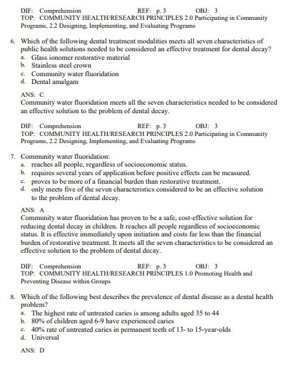 Chapter-based dental hygiene test questions organized by oral health topics and population health focus