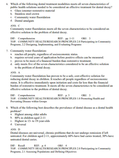 Chapter-based community oral health exam questions organized by key topics in dental hygiene practice