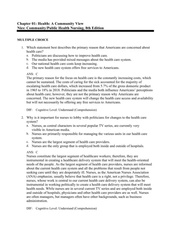 Community Public Health Nursing, 8th Edition by Mary A. Nies Test Bank_Page1.webp-001 Multiple choice nursing practice questions covering community health and population-based care concepts