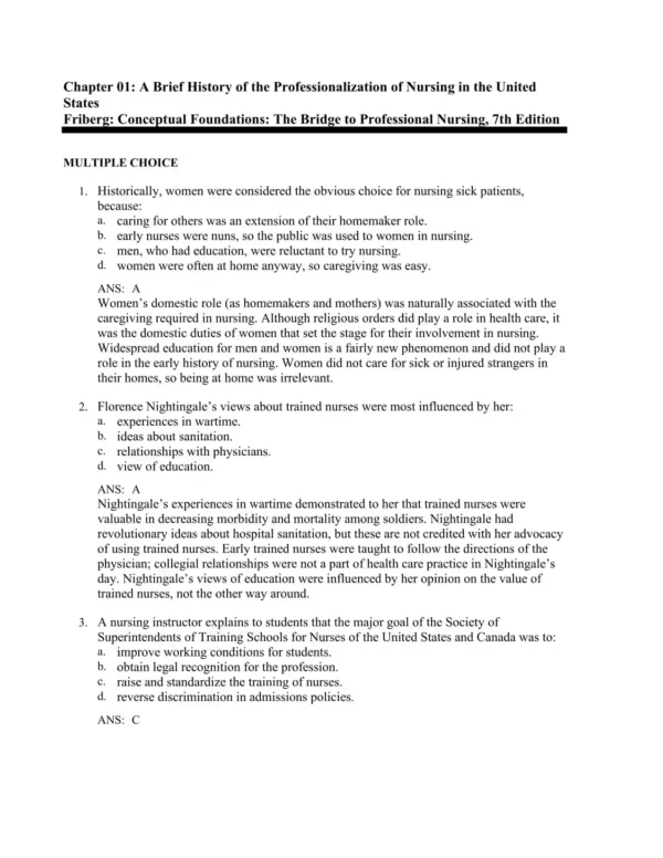 Conceptual Foundations, 7th Edition by Elizabeth E. Friberg Test Bank_Page1.webp-001 Multiple choice nursing questions focusing on professional concepts and nursing practice foundations