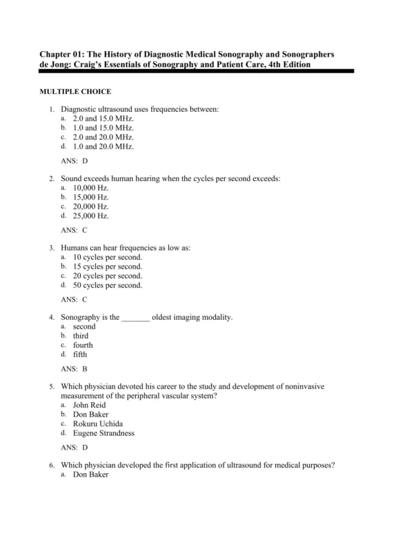 Craig's Essentials 1 Multiple choice sonography practice questions covering patient care and diagnostic procedures