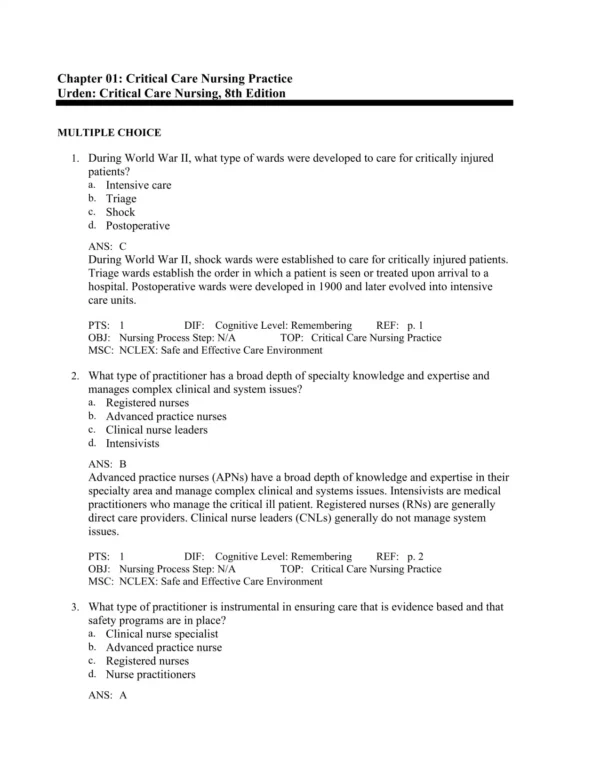 Critical Care Nursing, 8th Edition by Linda D. Urden Test Bank_Page1.webp-001 NCLEX-style multiple choice critical care nursing practice questions focusing on emergency and intensive care topics