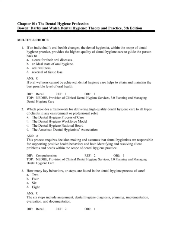 Darby and Walsh Dental Hygiene, 5th Edition by Denise M. Bowen Test Bank_Page1.webp-001 Multiple choice dental hygiene practice questions focusing on oral health care and clinical assessment skills