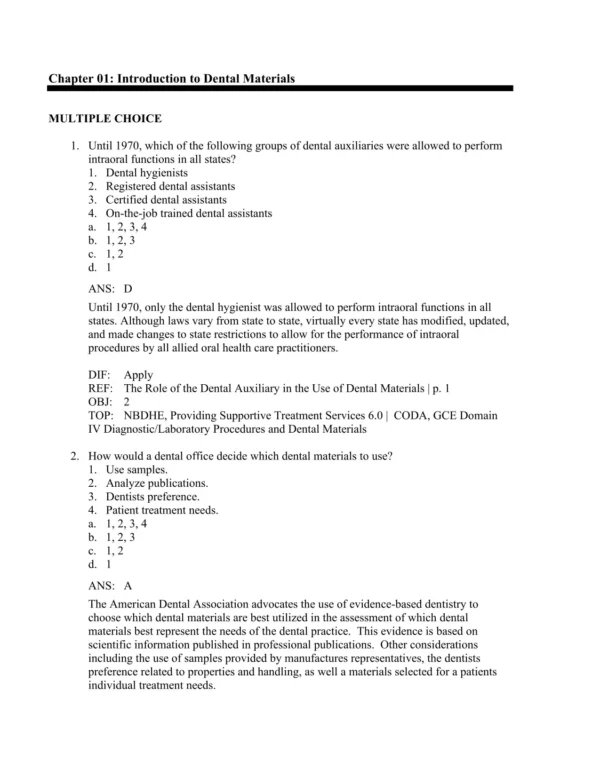 Multiple choice dental materials practice questions with answer options and explanations for dental hygiene students