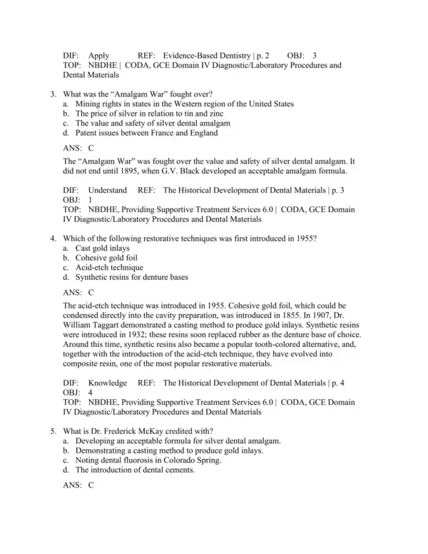 Detailed answer rationales explaining correct and incorrect responses in dental materials exam questions