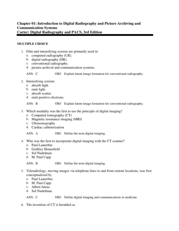 Digital_Radiography_and_PACS_3rd_Edition_by_Christi_Carter_Test_Bank_p001 Radiography multiple choice questions focusing on imaging principles, PACS workflow, and digital exposure control