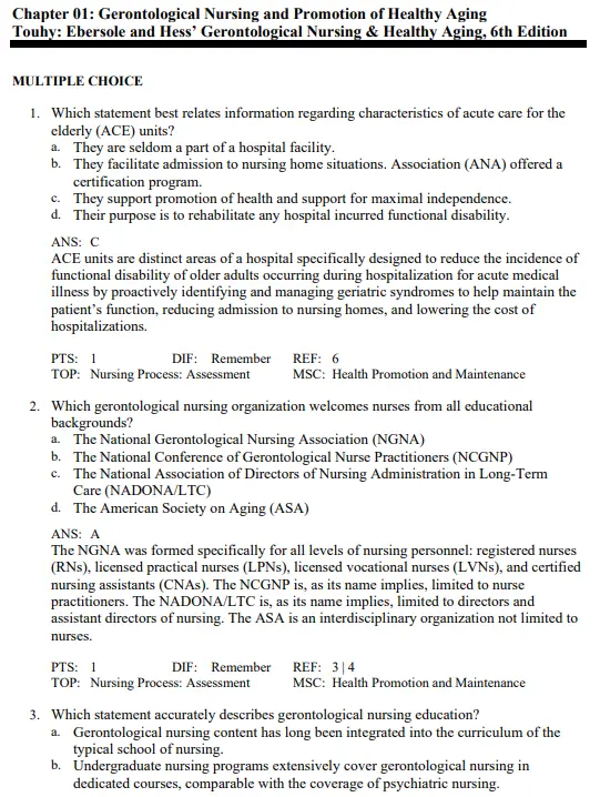 Ebersole and Hess' 1 Multiple choice gerontological nursing practice questions focusing on healthy aging and elder care concepts
