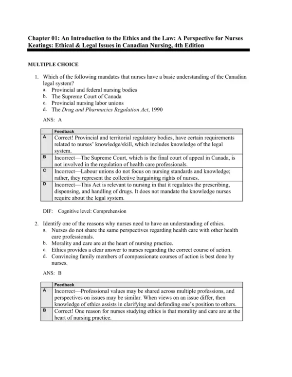 Ethical & Legal Issues in Canadian Nursing 4th Edition Margaret Keating Test Bank_Page1.webp-01 NCLEX-style multiple choice nursing practice questions on ethics and legal principles in Canadian healthcare