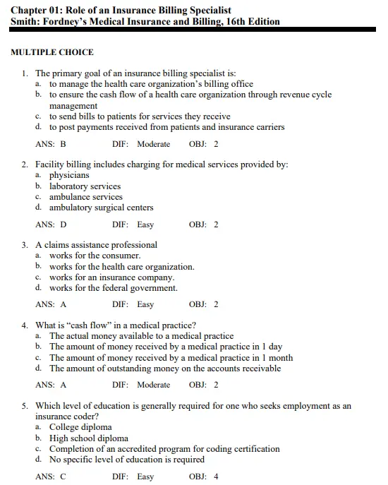 Fordney’s Medical Insurance and Billing 16th Edition by Linda Smith Test Bank 1 Multiple choice medical billing practice questions with coding and insurance claim examples