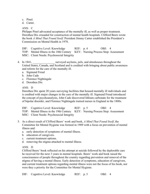 Detailed answer rationales for psychiatric nursing questions explaining correct responses and care concepts
