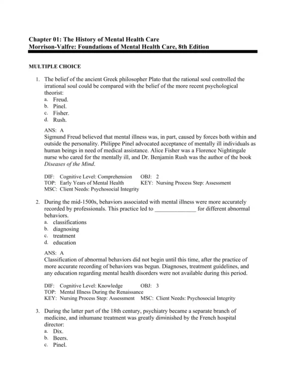Foundations of Mental Health Care, 8th Edition by Michelle Morrison-Valfre Test Bank_Page1.webp-001 NCLEX-style multiple choice mental health nursing questions with case-based examples