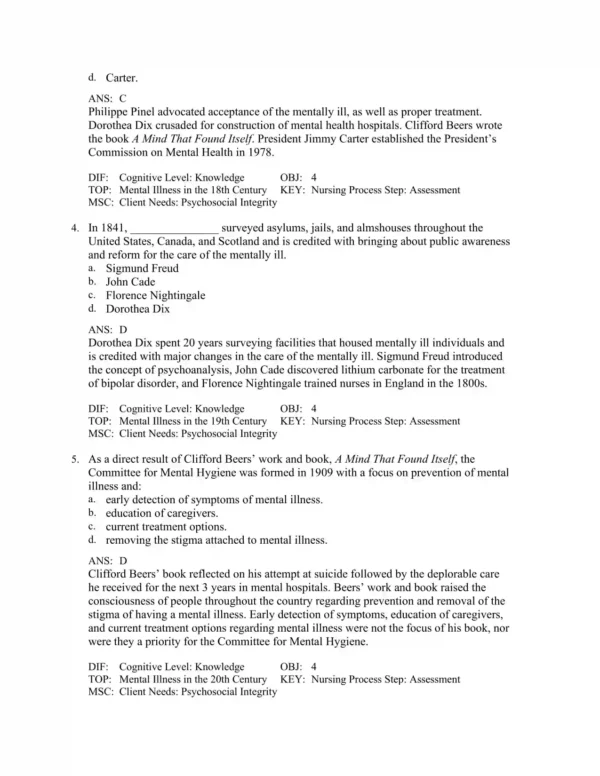 Foundations of Mental Health Care, 8th Edition by Michelle Morrison-Valfre Test Bank_Page2.webp-002 Detailed answer rationales explaining correct responses for psychiatric and behavioral health nursing questions