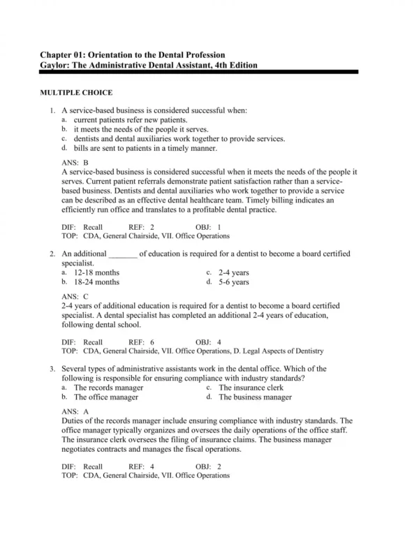 Multiple choice dental assisting exam questions covering administrative and office management concepts