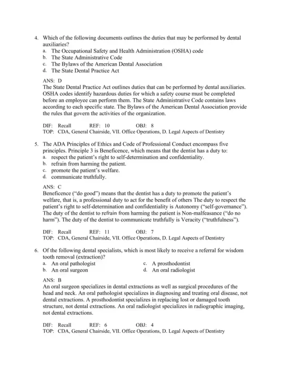 Detailed answer explanations for dental assisting questions with step-by-step rationales