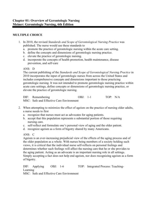 Gerontologic Nursing, 6th Edition by Sue E. Meiner Test Bank_Page1.webp-001 Multiple choice gerontologic nursing practice questions focusing on elder care and clinical scenarios