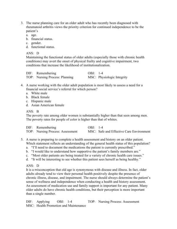 Gerontologic Nursing, 6th Edition by Sue E. Meiner Test Bank_Page2.webp-002 Detailed answer rationales explaining correct responses in geriatric nursing exam questions