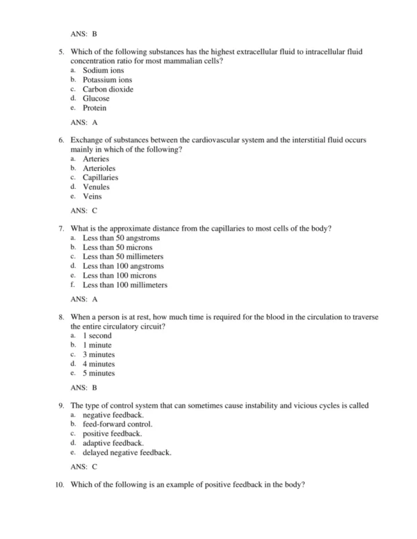 Detailed answer explanations for physiology exam questions with concept-based rationales