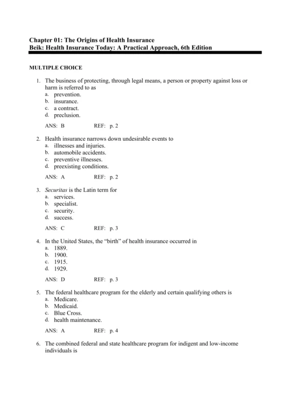 Health Insurance Today A Practical Approach, 6th Edition Beik Test Bank_Page1.webp-001 NCLEX-style multiple choice healthcare billing and insurance practice questions with answer options