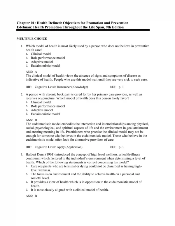 Health Promotion Throughout the Life Span, 9th Edition by Carole Lium Edelman Test Bank_Page1.webp-001 NCLEX-style multiple choice healthcare promotion practice questions with answer options for nursing students