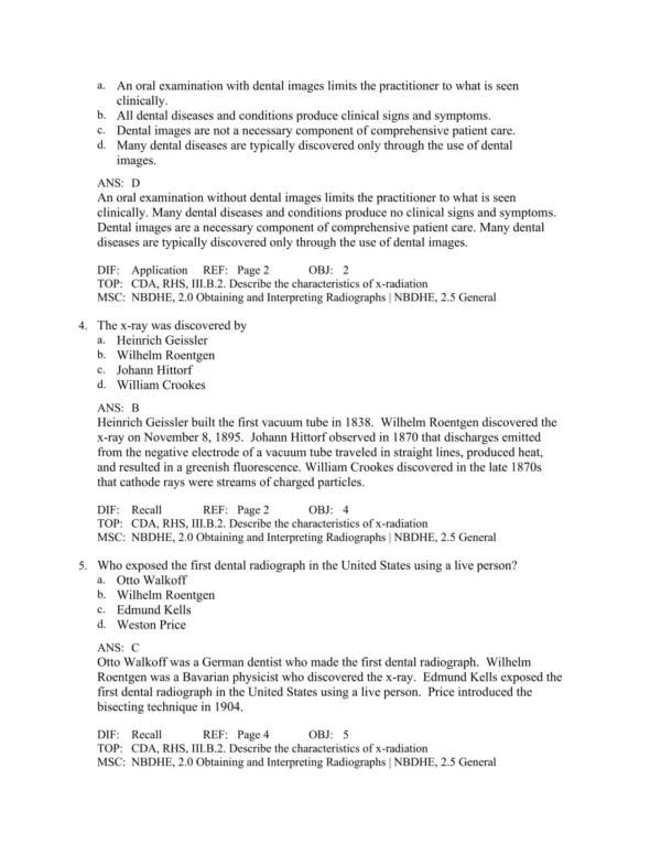 Detailed answer rationales explaining correct responses for dental imaging and radiation protection concepts