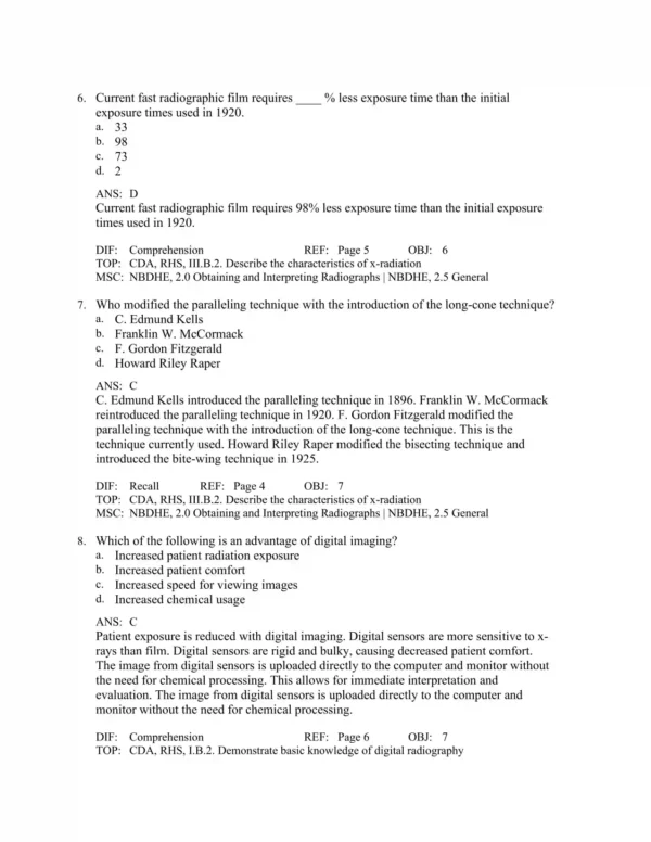Chapter-based dental radiography exam questions organized by topics including imaging procedures and safety protocols