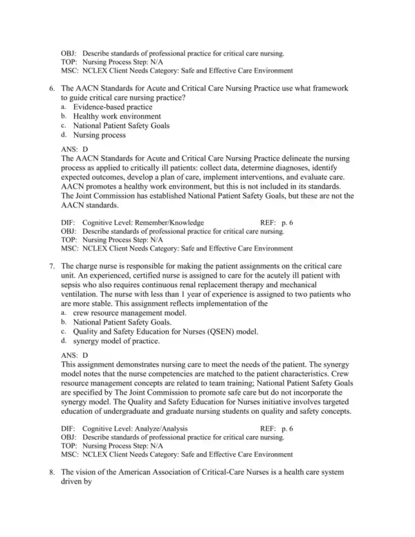 Detailed nursing answer rationales explaining correct responses and care priorities in critical care scenarios