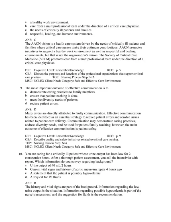 Chapter-based critical care nursing exam questions with structured content organization