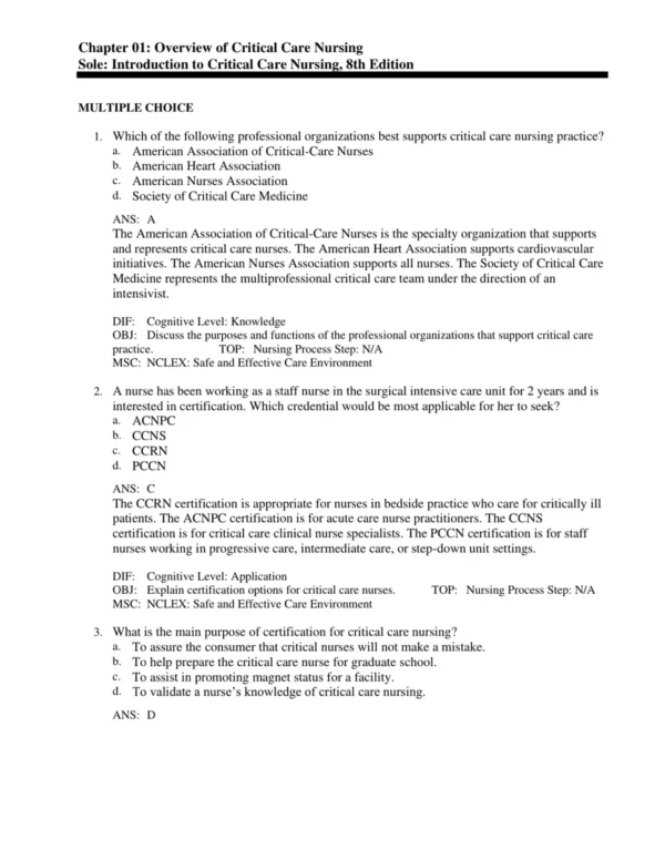 NCLEX-style multiple choice critical care nursing practice questions from ICU nursing materials