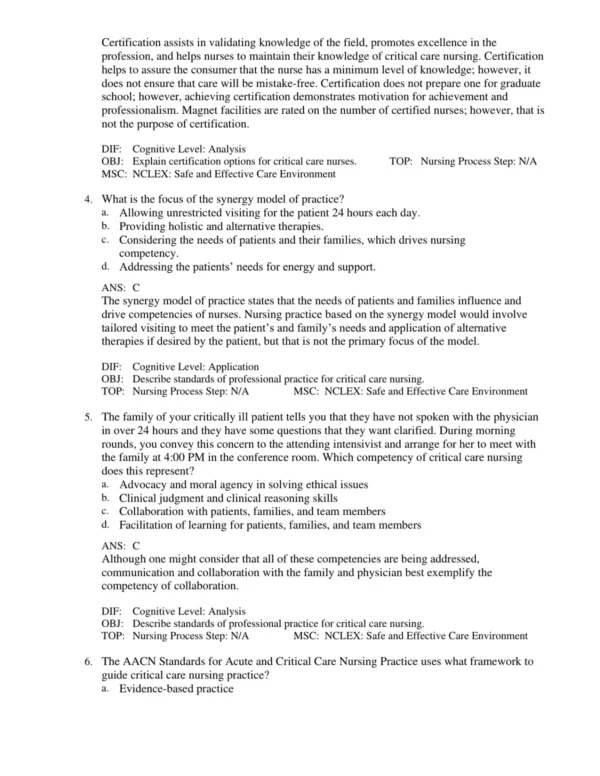 Detailed answer rationales explaining correct responses and critical care nursing reasoning