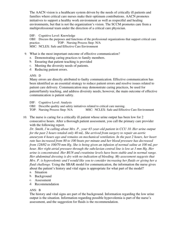 Critical care exam preparation materials with practice scenarios and nursing interventions