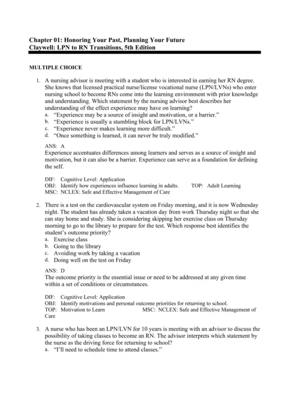 LPN to RN Transitions 5th Edition Lora Claywell Test Bank_Page1.webp-001 NCLEX-style multiple choice nursing practice questions for transition from LPN to RN