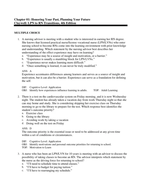 LPN_to_RN_Transitions_4th_Edition_by_Lora_Claywell_Test_Bank_p001 NCLEX-style multiple choice nursing practice questions for LPN to RN transition students